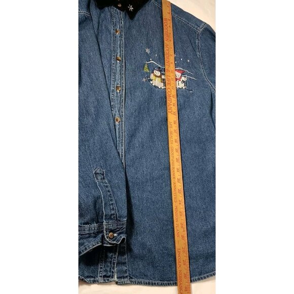 Nutcracker Plus Size Shirt 24W Blue Chambray Holiday Snowman Ski Snow Tree WS19 - Picture 3 of 12